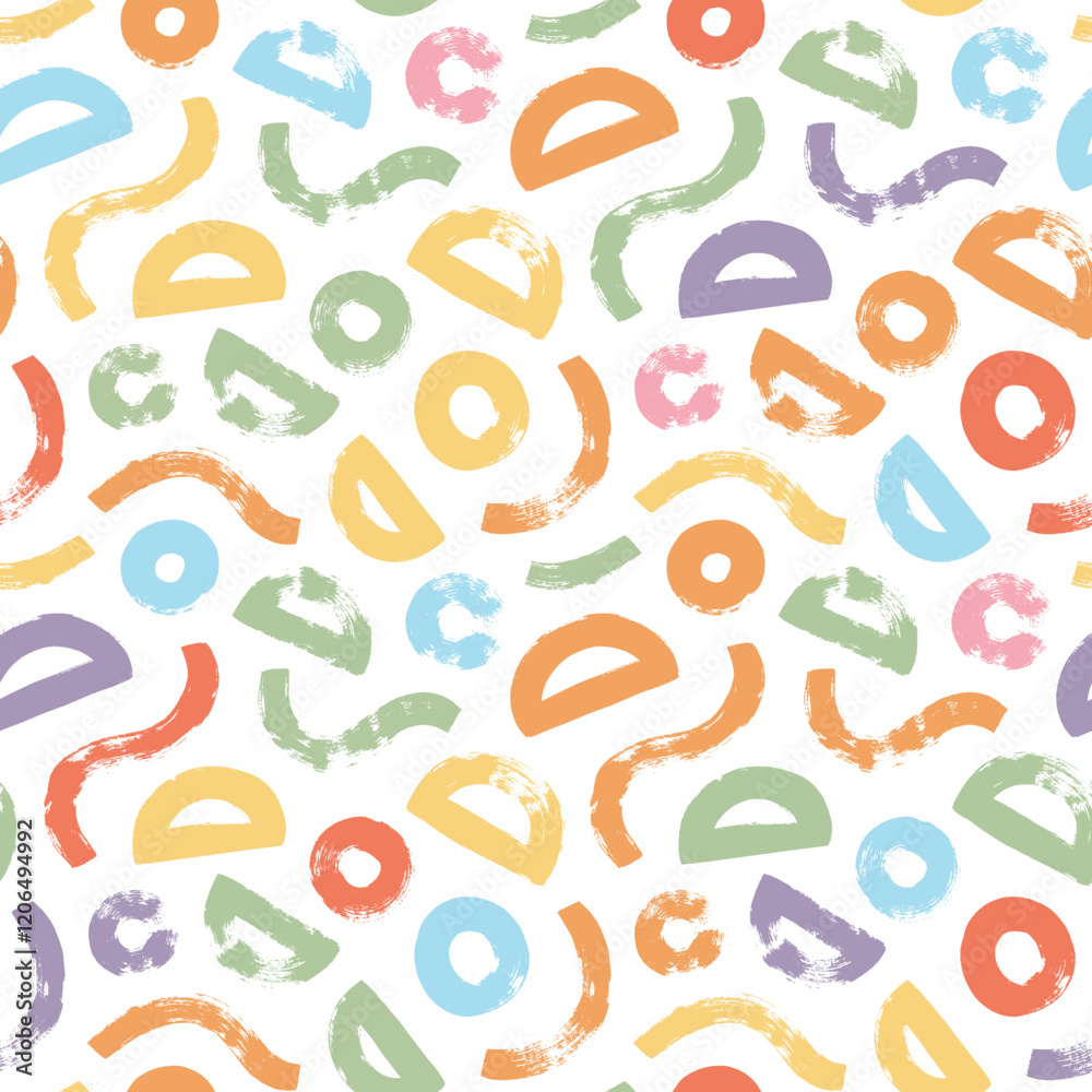 Poster Colorful childish seamless pattern with waves and semicircles. Naive playful abstract shapes in doodle grunge style in multi colored. Hand drawn bold wavy brush strokes and geometric shapes.
