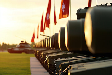 tank column display with national flags, parade ground