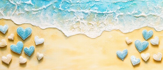 Fototapeta premium Watercolor sandy beach with heart patterns on yellow background