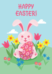 Easter background with cute pink bunny holding painted egg in hands, sitting on blooming lawn. Postcard, poster, flyer, invitation