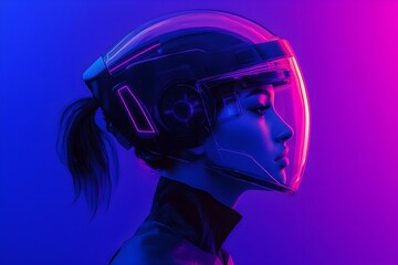 Cyberpunk woman wearing a translucent AR protection helmet