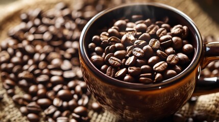 Fototapeta premium Aromatic Coffee Beans in Brown Mug Roasted Coffee Closeup Steam