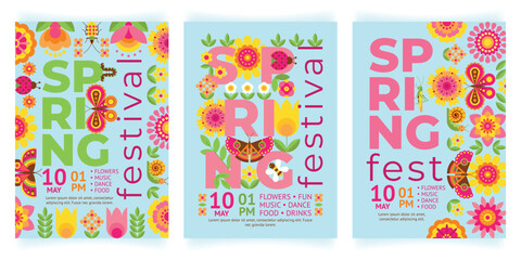 Set of beautiful backgrounds with decorative flowers and insects. Bright creative floral poster for spring festival with bugs and butterflies. Flyer, invitation