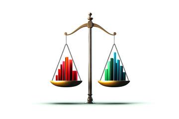 This image illustrates a scale balancing two sets of colored bar graphs, representing data comparison and the importance of balance in analysis and decision-making.