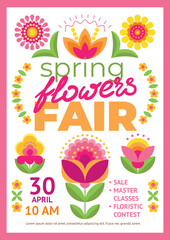 Beautiful floral background with decorative stylized flowers of different shapes. Minimalistic poster template for spring flower fair