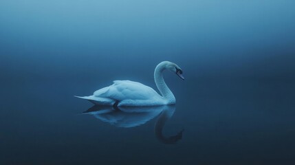 Serene swan glides on tranquil blue water, mist hangs in air.