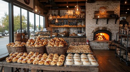 Rustic bakery scene with dough proofing in baskets trays of croissants cooling and a large brick oven heating up the space