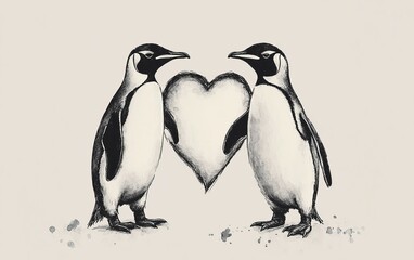 Obraz premium Penguins in heart shape ink drawing on gray background