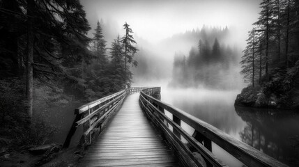 Naklejka premium Misty Lake with Wooden Bridge and Foggy Forest