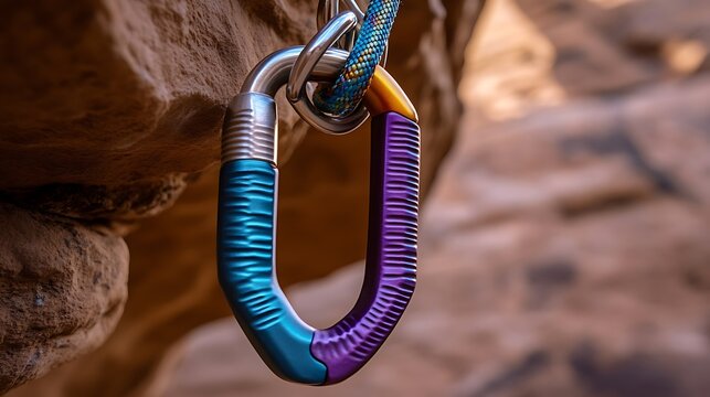 Colorful carabiner tightly secured to a rock face with climbing ropes