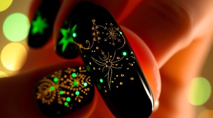 Glowing nail art with green and gold design.