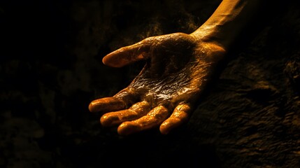 Golden Hand Reaching Out In Darkness