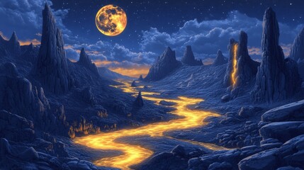Surreal landscape at night with a fiery river winding through a rocky terrain under a large orange moon.
