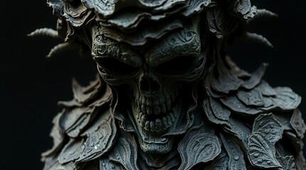 Dark, detailed close-up of a skull-faced demonic figure sculpted from gray stone.