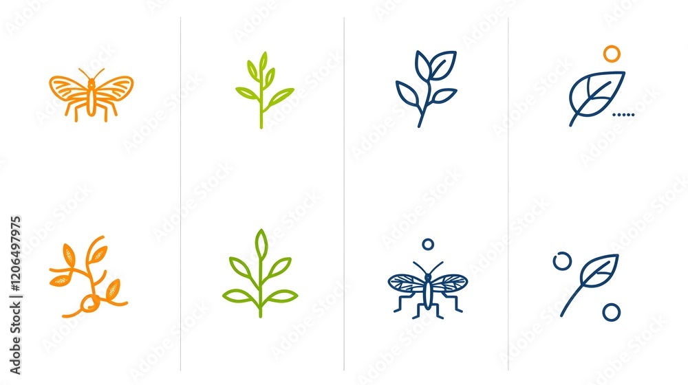 Fototapete Collection of 6 clean  linear icons illustrating key botanical concepts such as ecosystem  pollination  leaf patterns  and other natural science symbols in a minimalist  modern style