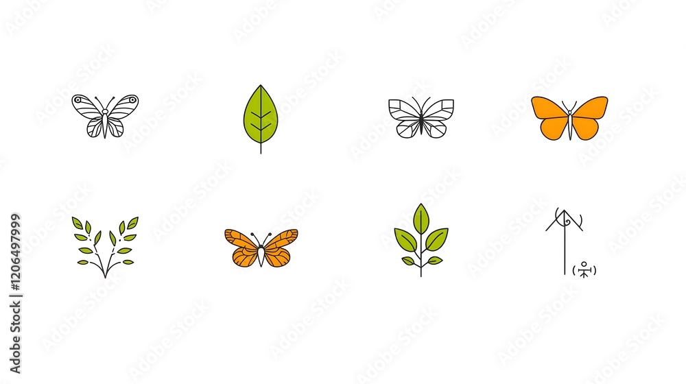 Fototapete Collection of 6 linear  minimalist icons illustrating key botanical concepts such as ecosystem  pollination  leaf patterns and other natural science symbols in a clean  modern style