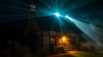 Mystical night scene of a house illuminated by bright light beams.