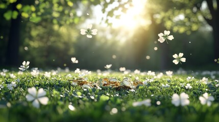 Fototapeta premium Golden sunlight breaks through greenery, casting a warm glow on a vibrant meadow dotted with blooming flowers. This tranquil scene evokes the beauty of nature in springtime