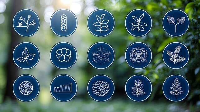 Elegant collection of 15 botanical icons in a linear style  featuring detailed symbols representing plant DNA  chlorophyll  and scientific leaf structures