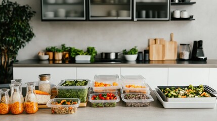 A low-carb meal prep station, in a modern kitchen, showcasing organized
