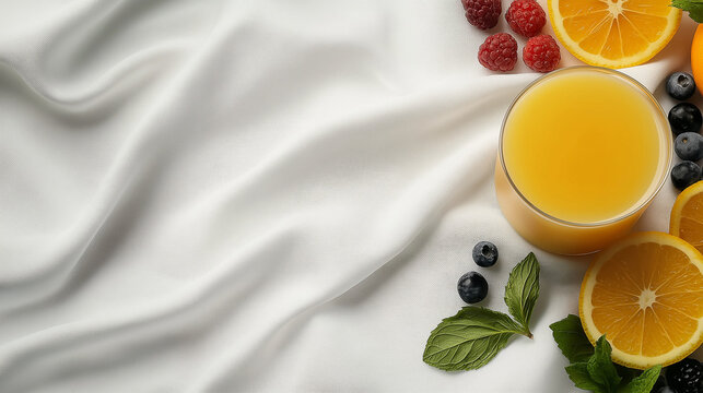 A serene wellness-themed image with a glass of citrus and berry drink placed on a white linen cloth, surrounded by fresh berries, citrus slices, and mint leaves for a clean and rej