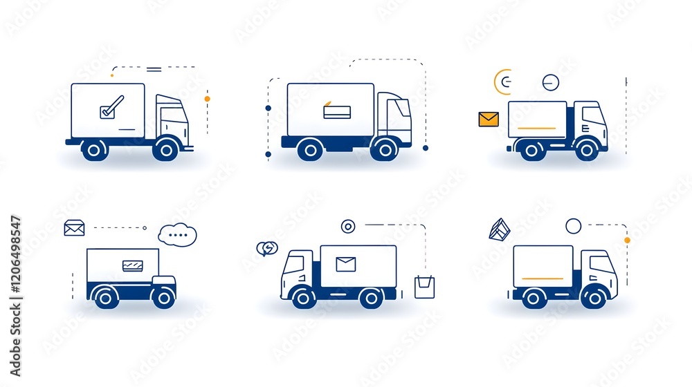 Poster collection of 6 minimal linear icons of delivery trucks including express delivery symbols and packa