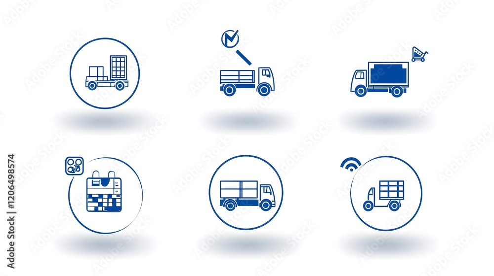 Poster this image depicts a collection of 6 linear delivery truck icons that represent various aspects of t