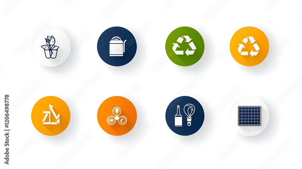 Poster This image is a collection of 6 simple  linear icons that visually represent sustainable living solutions  The icons include energy efficient appliances  solar panels  and recycling symbols