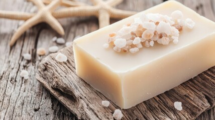 Handmade artisan soap bar topped with sea salt crystals. Eco-friendly organic product.