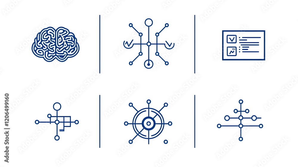 Leinwandbilder Minimalist collection of 6 linear style icons symbolizing the concepts of intelligence  digital brain  deep learning algorithms  and data cloud technology on a clean white background