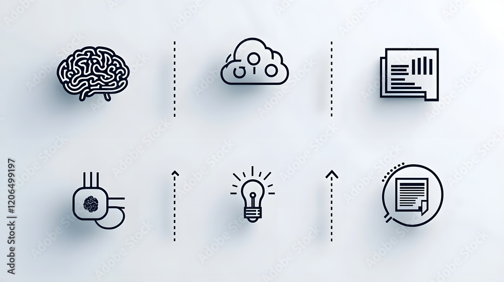 Poster A collection of 6 linear icons depicting the concepts of intelligence digital brain deep learning algorithms and data cloud technology  The icons showcase a minimalist