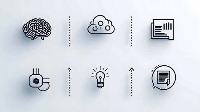 A collection of 6 linear icons depicting the concepts of intelligence digital brain deep learning algorithms and data cloud technology  The icons showcase a minimalist