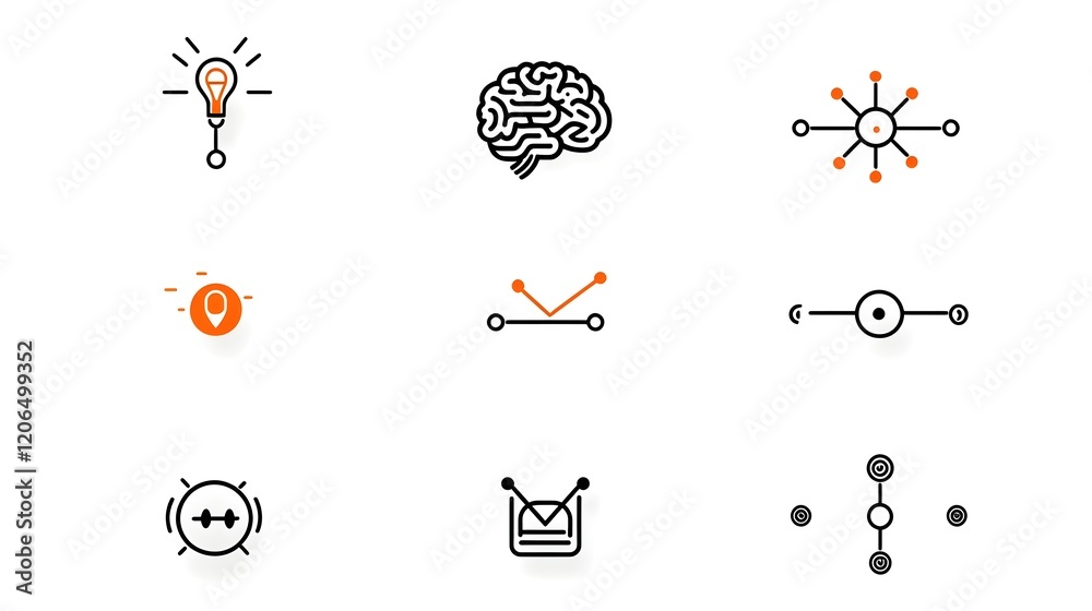 Poster Collection of 6 linear icons of a set of icons representing intelligence digital brain deep learning algorithms and data cloud concepts on a white background  Creative for technology innovation