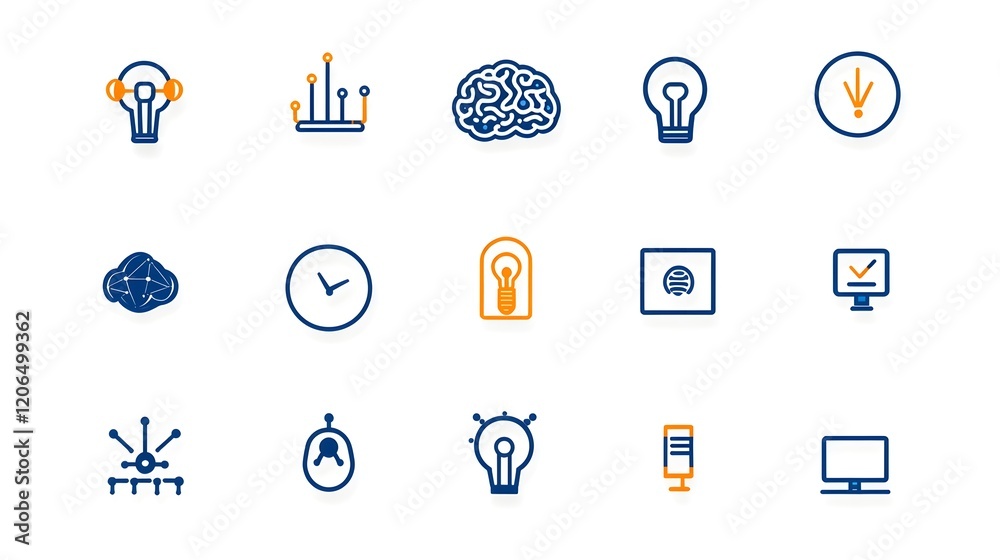 Poster Collection of 6 linear icons set representing intelligence with digital brain deep learning algorithms and data clouds on a white background  Futuristic modern