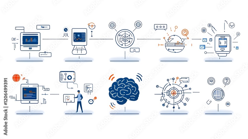 Fototapete This image is a collection of 6 linear icons symbolizing the concept of intelligence  digital brain  deep learning algorithms  and data clouds on a futuristic technology background