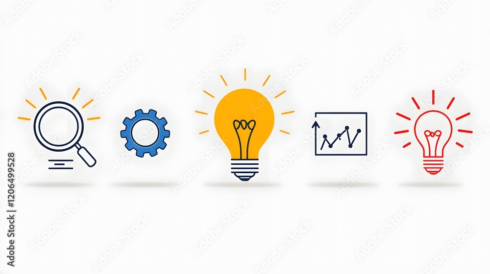 Poster Collection of 6 linear icons featuring infographic symbols such as gears magnifying glass and idea lightbulbs on a white background conceptualizing the visualization of an innovation strategy