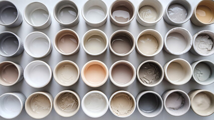 Array of paint pots (White Tones): An array of ceramic bowls or pots, each in different shades of white, ranging from snow white to creamy ivory and pearl white