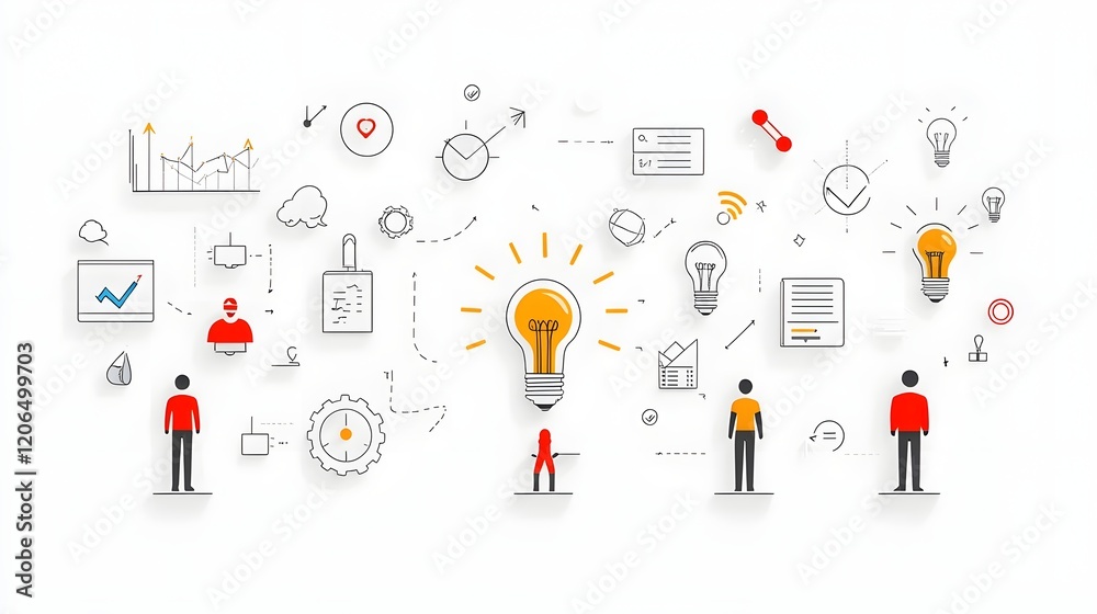 Aufkleber A collection of linear icons and infographic symbols that visually represent the concepts of forward thinking solutions innovation strategy and the tools for success such as gears magnifying glasses