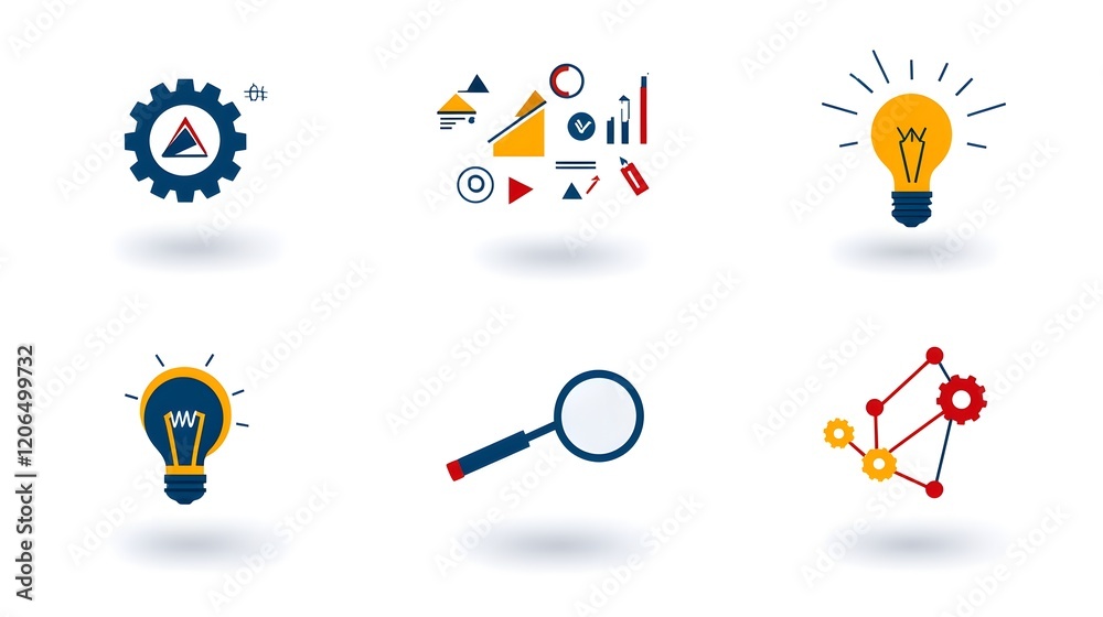 Poster Collection of 6 linear icons representing Infographic Symbols for Forward Thinking Solutions  Featuring Gears Magnifying Glass and Idea Lightbulbs on a White Background