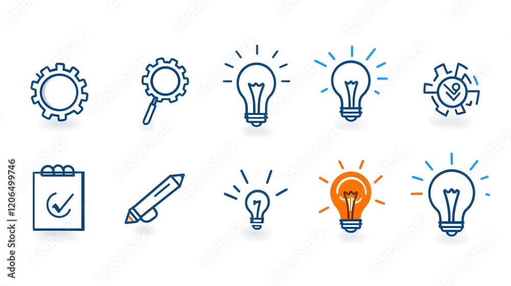 Poster collection of 6 linear icons showcasing infographic symbols for forward thinking solutions featuring