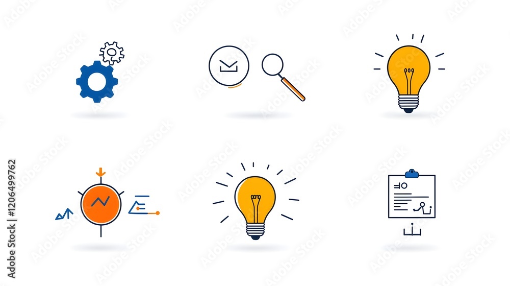 Poster Collection of 6 linear icons infographic symbols featuring gears magnifying glass and idea lightbulbs on a white background