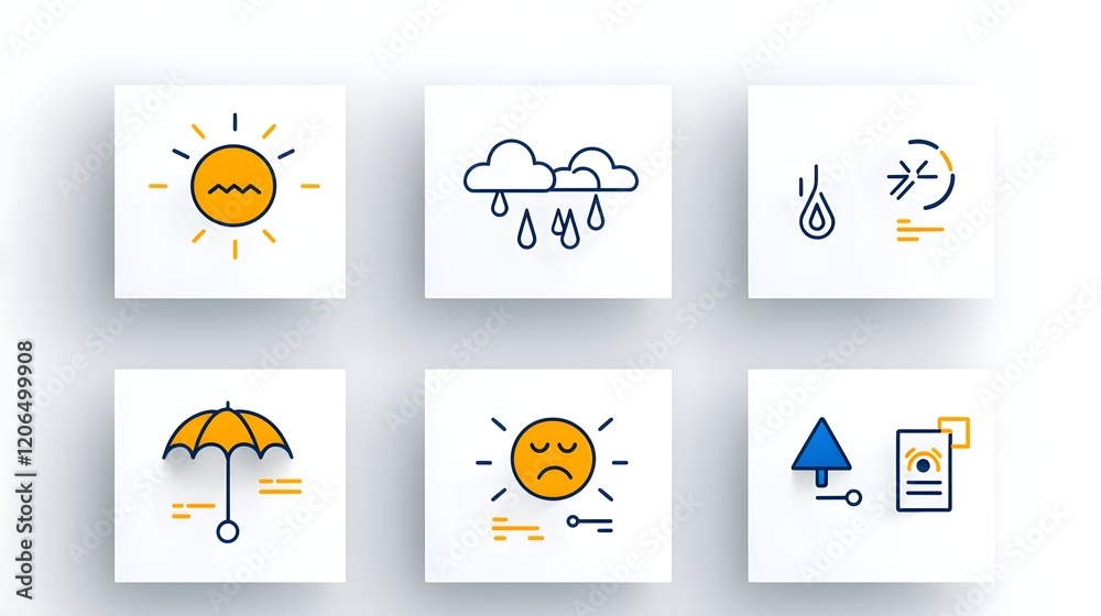 Poster minimalist and stylized weather icon collection featuring geometric designs that represent various w