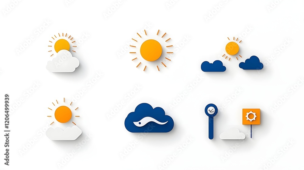 Poster Collection of 6 minimalistic and stylized two tone geometric weather icons representing thunderstorms sunny skies and winter snow conditions in a simple and abstract design
