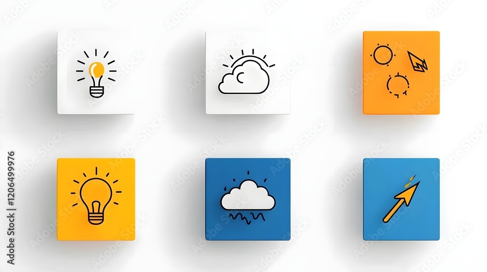 Leinwandbilder Collection of 6 minimal and stylized two tone geometric weather icons representing thunderstorms sunny skies and winter snow conditions in a simple and abstract design