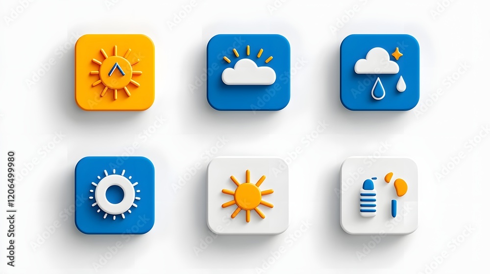 Poster collection of 6 stylized weather icon symbols in a minimal geometric and two tone design represents 