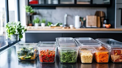 A low-carb meal prep station, in a modern kitchen, showcasing organized