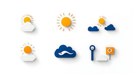 Collection of 6 minimalistic and stylized two tone geometric weather icons representing thunderstorms sunny skies and winter snow conditions in a simple and abstract design