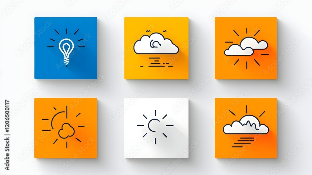 Poster a collection of six linear weather icons in a minimal and stylized two tone geometric design represe
