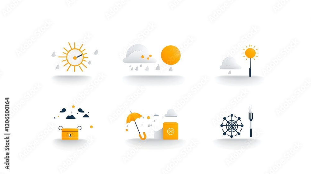 Poster Collection of 6 minimalist and stylized two tone geometric weather icons representing various climate conditions such as thunderstorms  sunny skies  and winter snow in a simple and abstract design