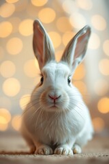 Obraz premium Cute white bunny rabbit with big ears against a bokeh background.